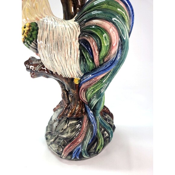 17" Italian Majolica Lamp Base Rooster & Tree Figurine Italy Hand Painted Signed - Picture 3 of 16